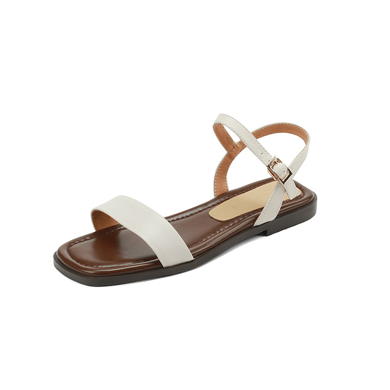 Sandal nữ quai ngang đế bệt hở mũi khóa gài đơn giản — Màu đen