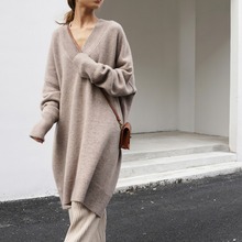 欧美外贸跨境秋冬新款大版型长款感毛衣外套女慵懒风针织衫女
