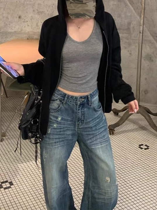 SUNONEON 设计感铆钉宽松连帽卫衣外套女早秋季新美式开衫衣|undefined