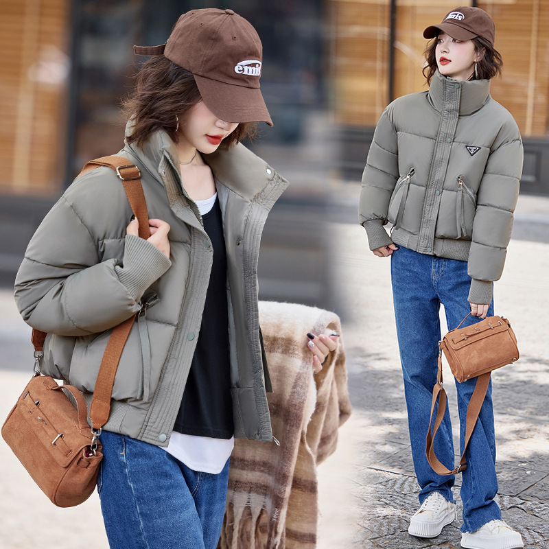 Cross-border New American Style Vertical Collar Short Down Cotton-padded Coat Women's 2024 Winter Thickened Loose Small Bread Coat
