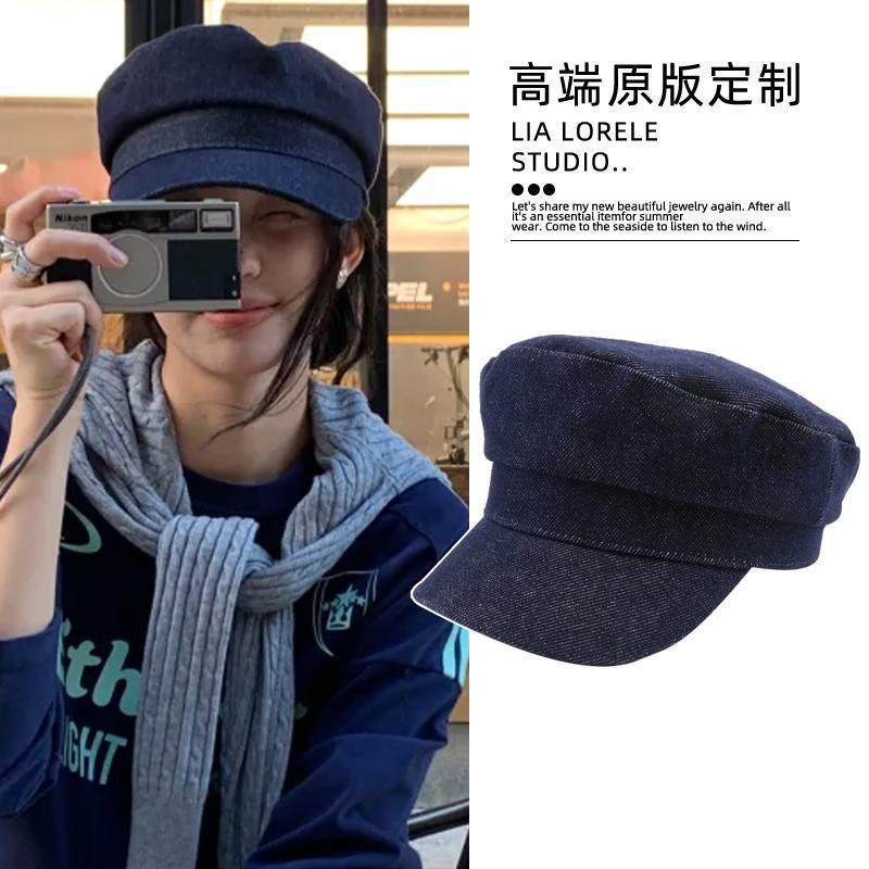 The Style Is Super Cool! Retro Dark Denim Boxer Hat, Casual and Versatile, British Style, Small Navy Hat Showing Face, New The Style Is Super Cool! Retro Dark Denim Boxer Hat, Casual and Versatile, British Style, Small Navy Hat Showing Face, New