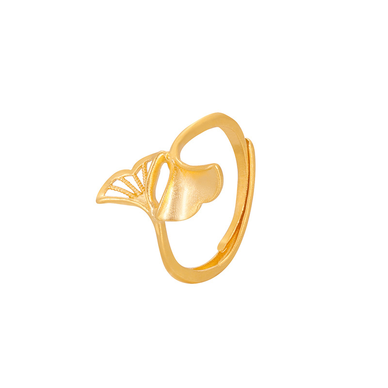 Nuevo anillo de oro de vietnam hoja de ginkgo femenina flor de cuatro hojas hueco ajustable anillo de oro de imitación todo fósforo joyería de estilo nacional