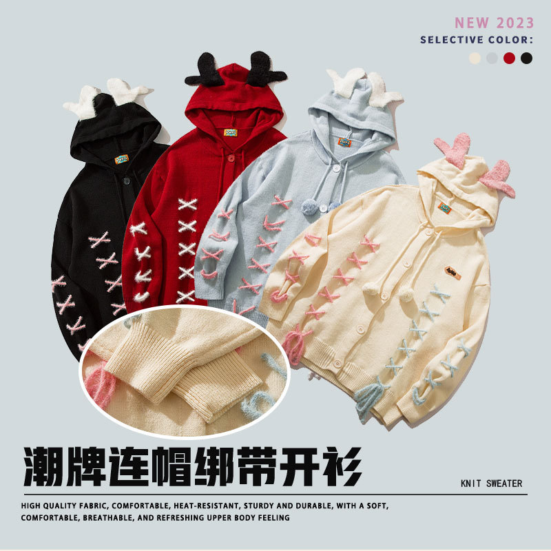 YWFG ropa de mujer americana marca de moda con sombrero corbata cardigan 2024 primavera cardigan de cuello redondo de manga larga suéter de punto