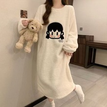 睡衣女冬季法兰绒睡裙女秋冬保暖中长款珊瑚绒可爱加厚学生韩版