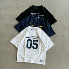 ハイバージョン アメリカン レトロ スポーツ ルーズ カジュアル ヘビー 半袖 Tシャツ No.05 5本ストライプ 大きいサイズ 男女 カップル