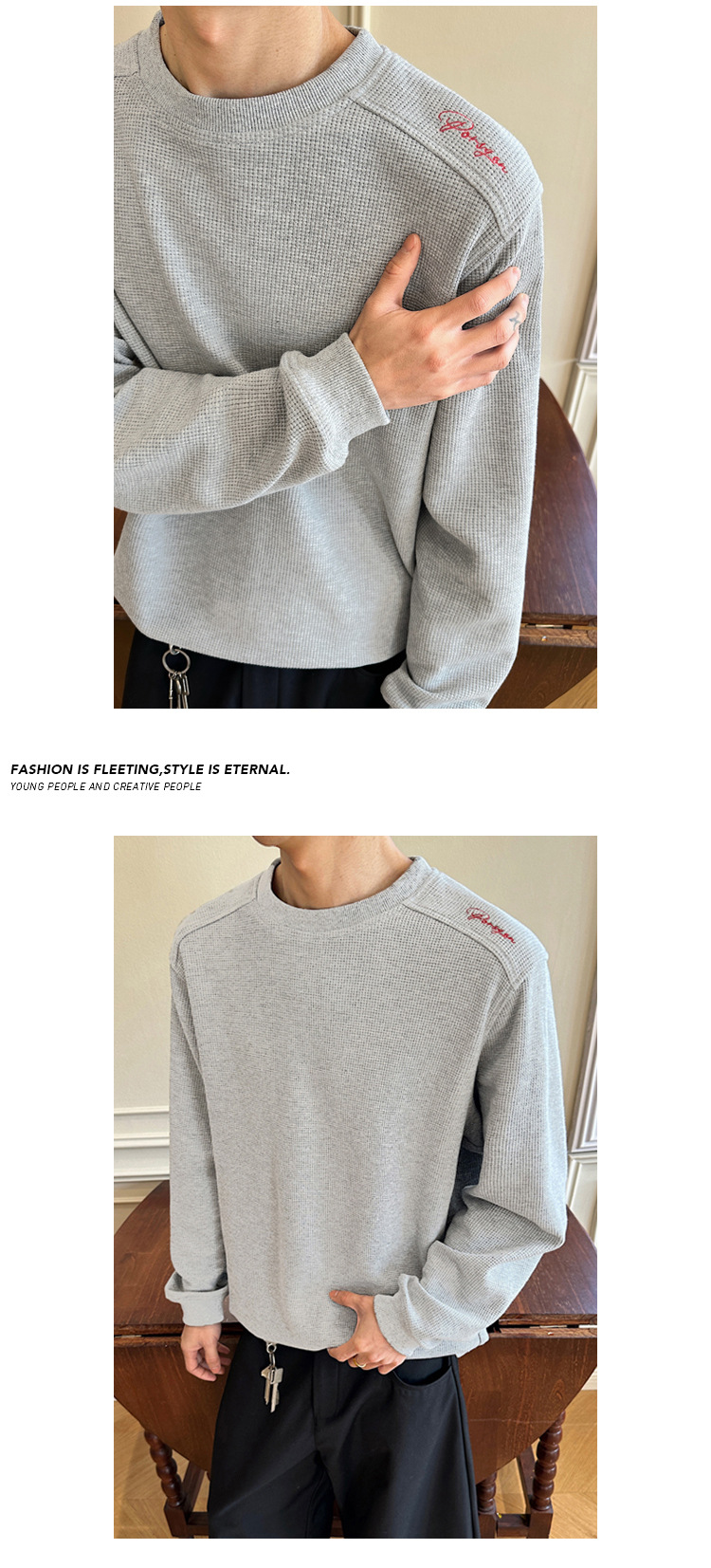 Men's Long-sleeve Waffle T-shirt With Embroidered Red Label Logo_voghion.com