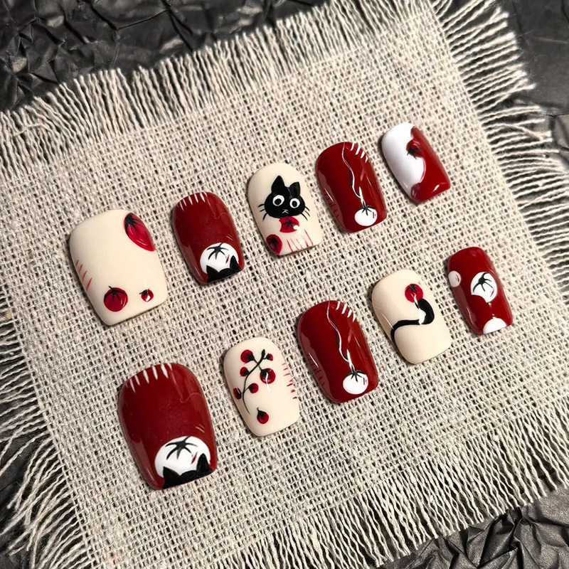 Cute Cartoon Persimmon Cat Funny Short Style 24-Piece Wearable Nail Patch Suitable for New Year’S Holiday Atmosphere