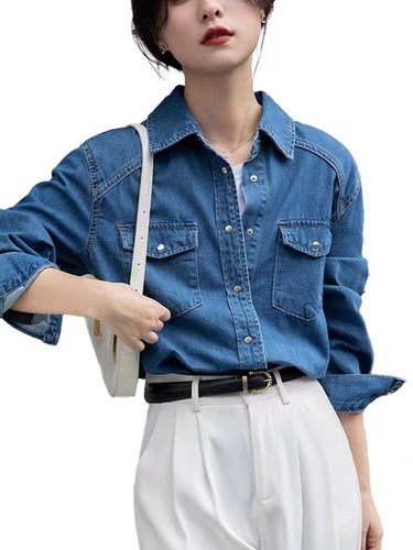 Blue Vintage Denim Jacket for Women Spring Straight Shoulder Top Design Sensory Minority Layering Shirt Spring