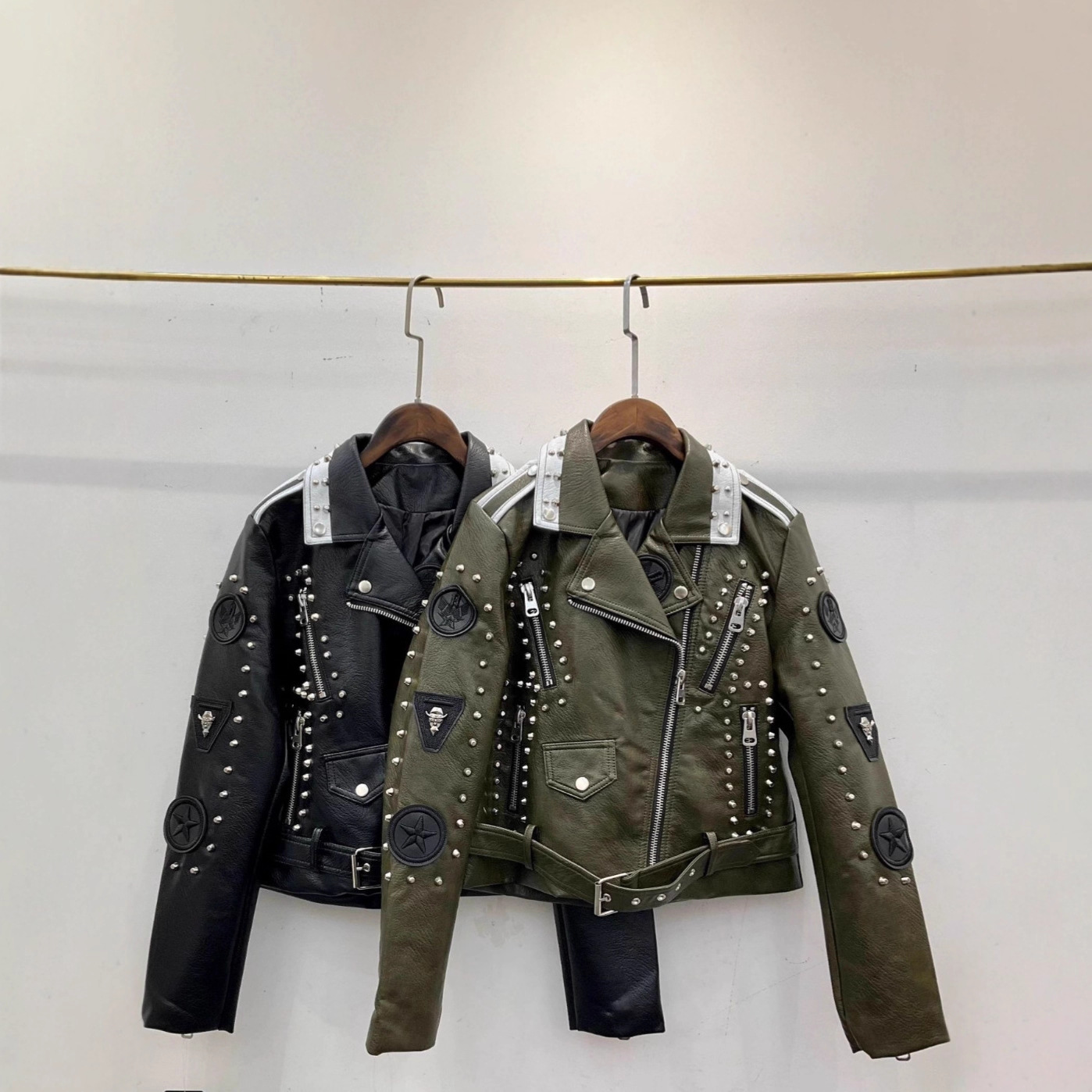 Cross-Border Amazon Rivet Print 25 Years New European and American Fashion Rock Style Pu Leather Jacket Women's Motorcycle Jacket