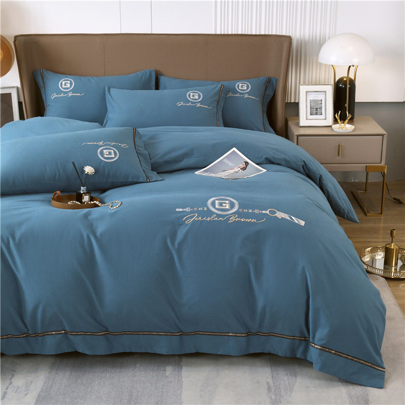 Premium Fanna Active Cotton Embroidered Brushed Four-Piece Set Pure Cotton Bedding Simple Duvet Cover Bed Sheet Thickened