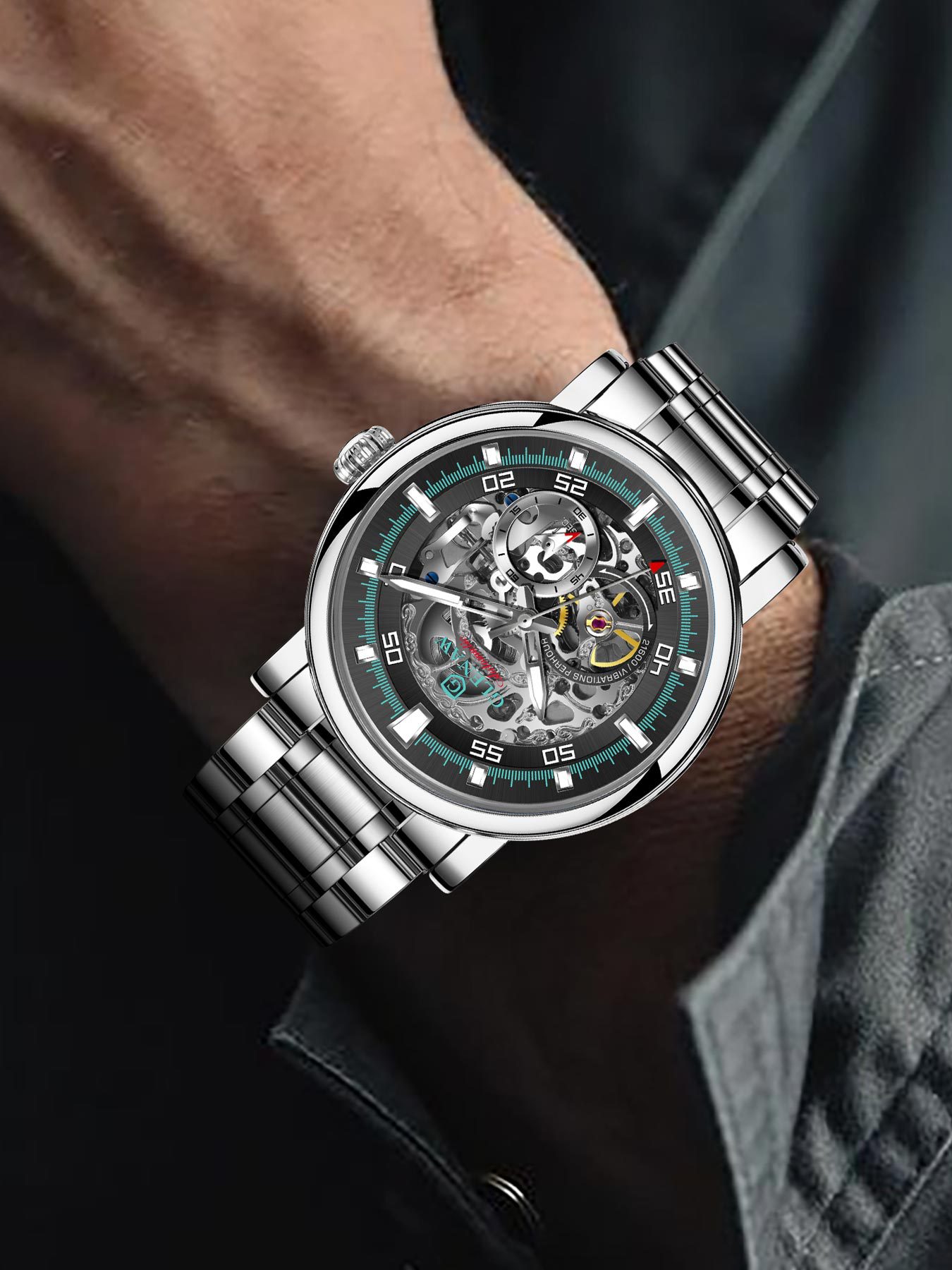Đồng hồ nam cơ tự động lộ máy Glen, chống nước, dạ quang, kiểu dáng hiện đại — Thắt lưng thép vàng vỏ vàng 8307 giữa các bề mặt vàng, Thắt lưng thép vàng vỏ xanh 8307, Thắt lưng thép bề mặt đen vỏ bạc 8307, Dải thép bề mặt màu xanh vỏ bạc 8307 chi tiết 5