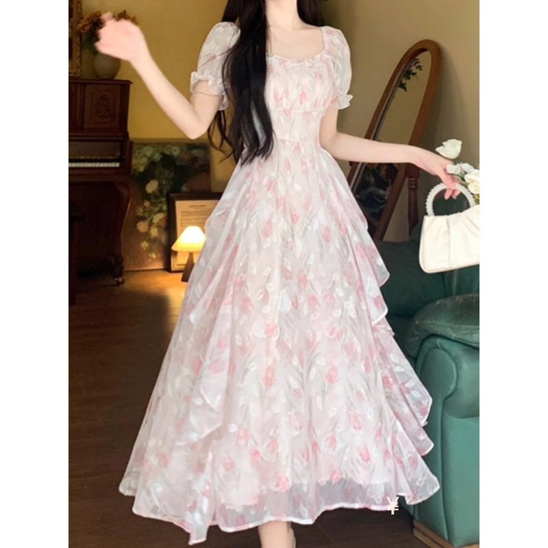 French-Style First Love Floral Dress for Women, Summer Petite High-End Elegant Long Dress with a Waist-Cinching, Gentle Fairy-Like Vibe