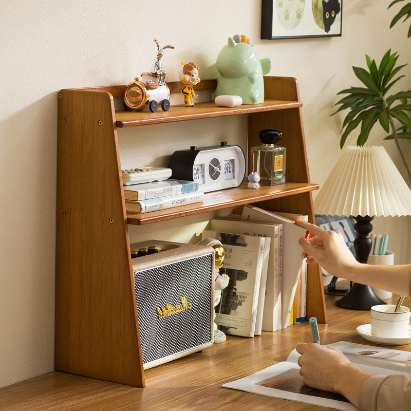 Solid Wood Desktop Bookshelf Desk Storage Rack Vertical Home Countertop Bookcase Office Multi-Layer Book Storage Rack