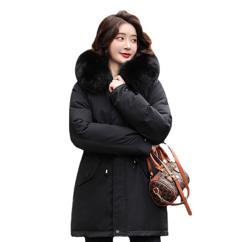 Fábrica parka de las mujeres de mediados de longitud 2023 invierno nuevo estilo coreano suelta gran cuello de piel de moda engrosada abrigo de algodón acolchado image 6