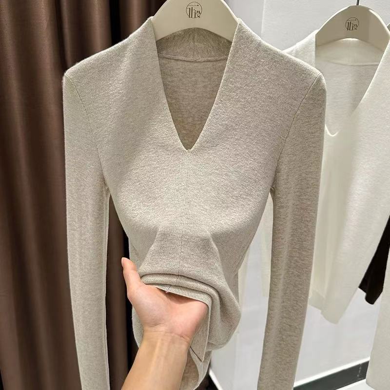 Aria Basics Aria Basics Gentle Style Solid Color V-Neck Knitted Sweater For Women, Autumn And Winter Slim Fit Versatile Base Shirt, Elegant_ecoleips.com