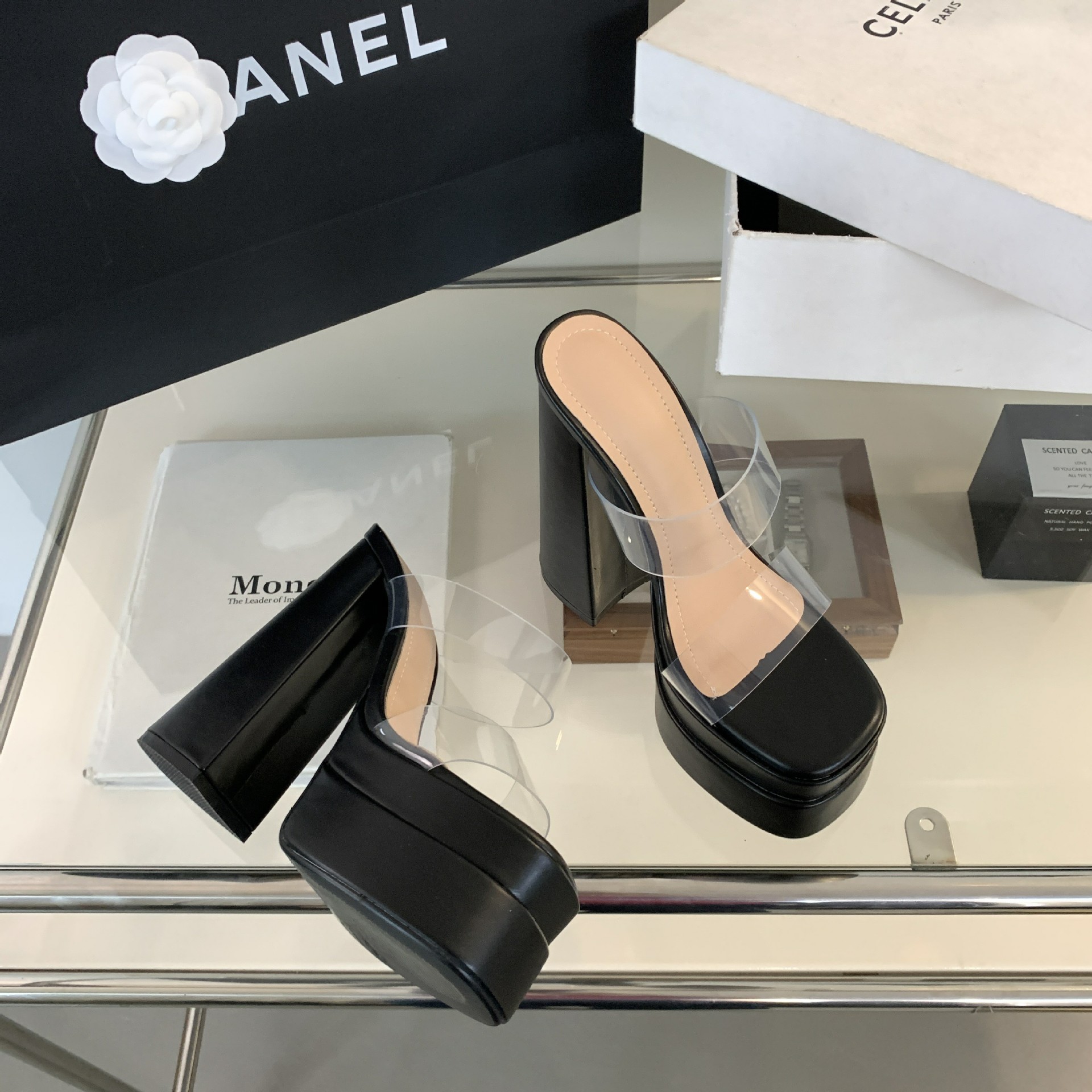 Sandal cao gót nữ hở mũi đế dày trong suốt đính đá rhinestone gót 15 cm — Màu đen chi tiết 3