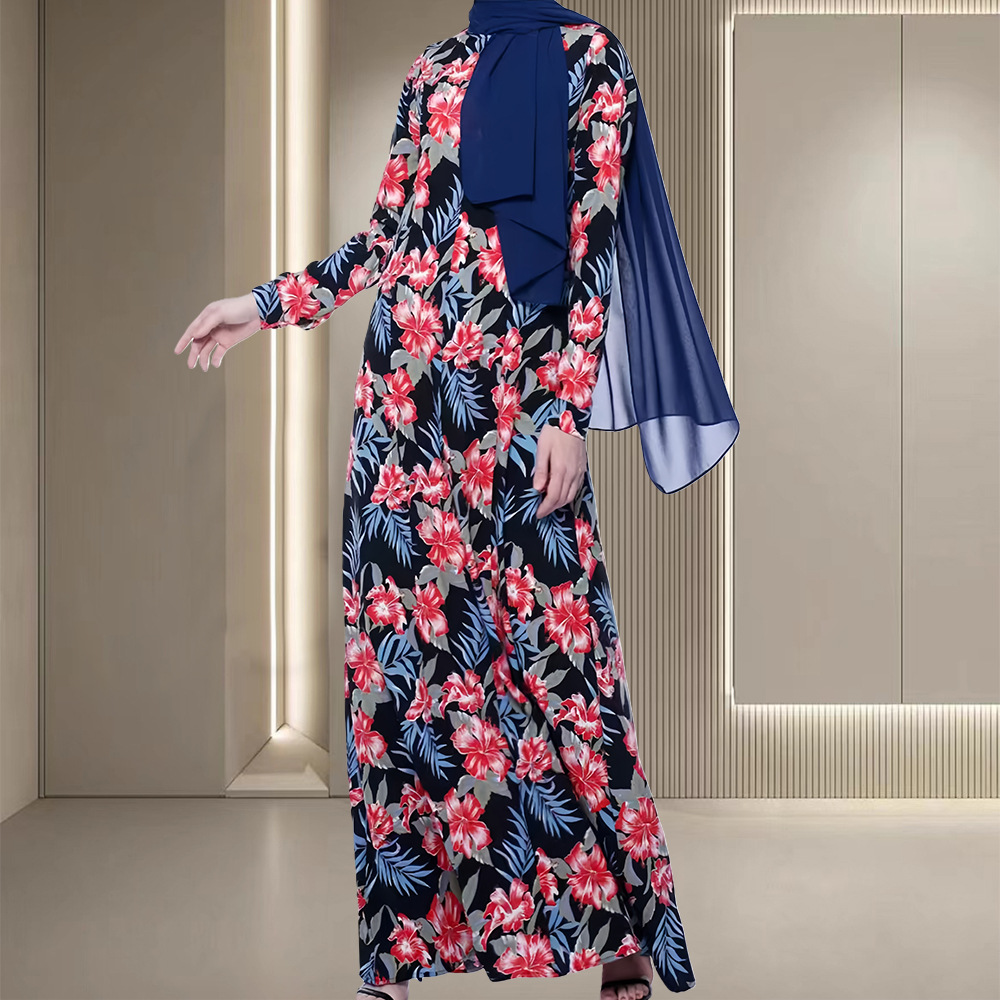 Tropical Floral Maxi Dress – Modest Long Sleeve Scarf Wrap Dress For Middle Eastern Fashion Breathable Shield_ecoleips.com