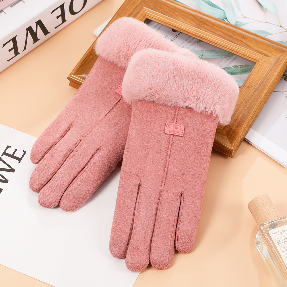 Guantes de gamuza de otoño e invierno guantes de pantalla táctil cálidos para mujer imitación boca de piel de conejo Rex forrada de lana gruesa a prueba de frío guantes