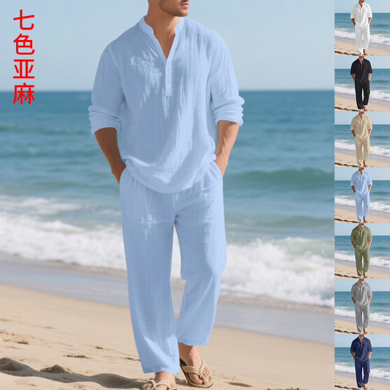 Men's Casual Linen Suit Loose Breathable V Neck Henley Shirt Long Sleeve Trousers Autumn Independent Website_voghion.com