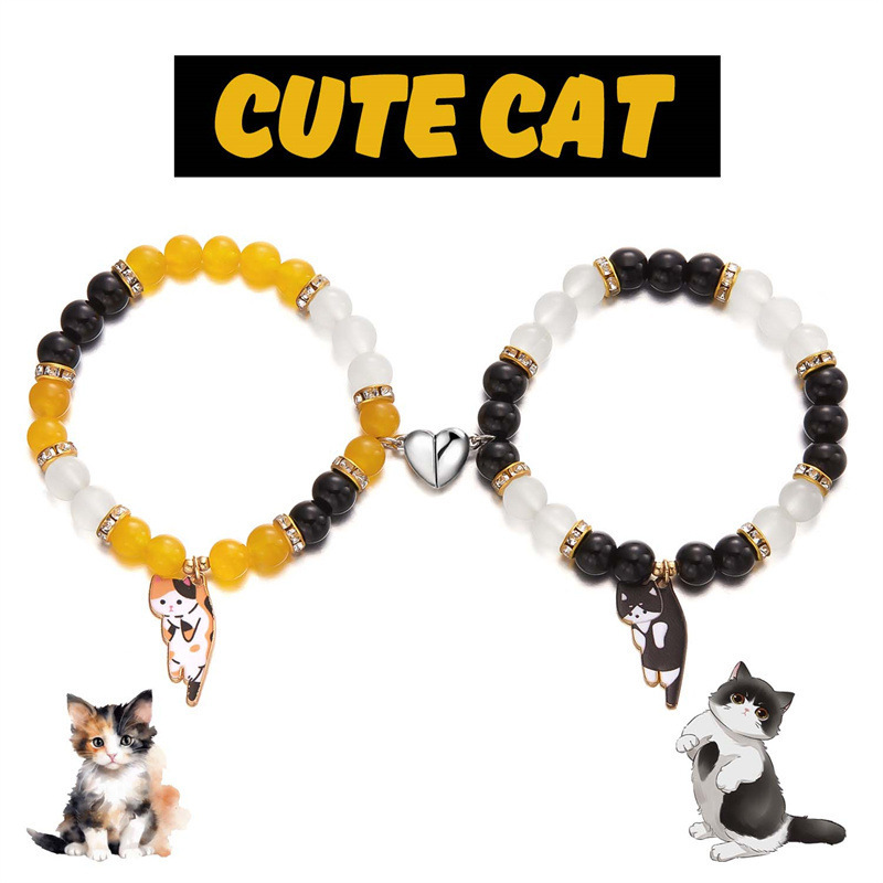 Cross-border New Creative Two-pair Loving Magnetic Buckle Lazy Cat Pendant Beaded Bracelet Fashion Couple Bracelet