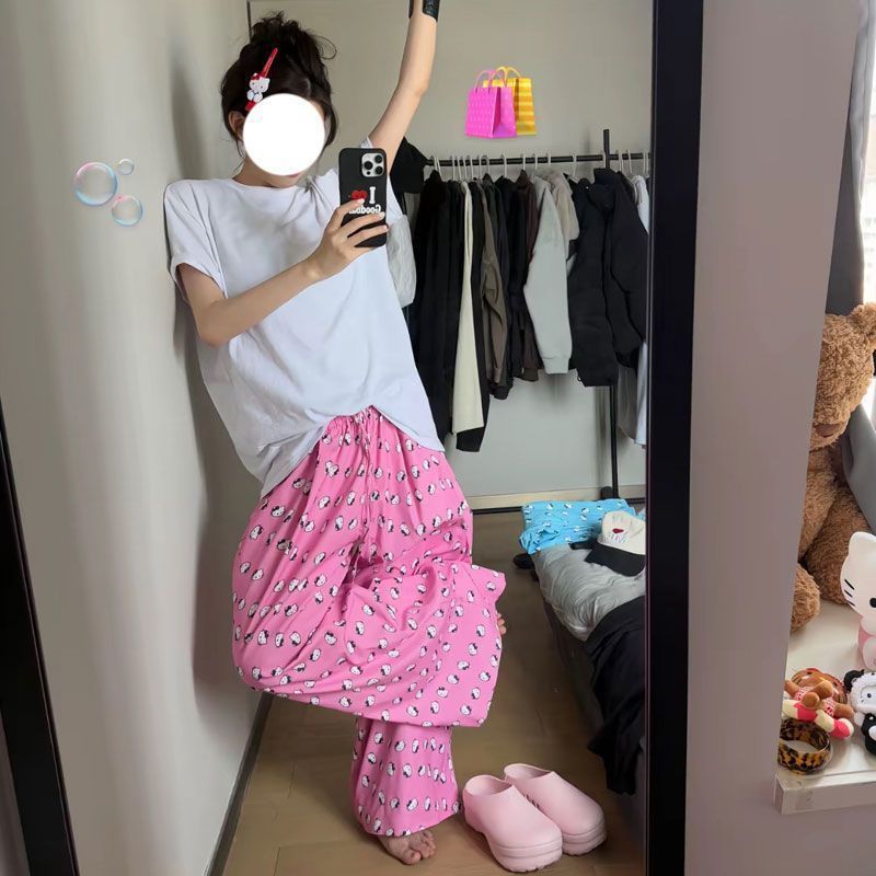Korean Style Ins Style Cartoon Hello Kitty Printed Pajamas Women's Summer New Large Size Straight Pants Can Be Worn Outside the Pants