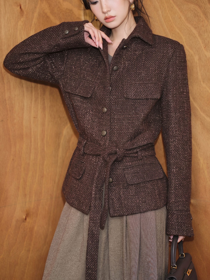 Áo khoác nữ dáng ngắn dạ tweed len có thắt lưng kiểu sơ mi chiết eo — Màu đỏ rượu Port
