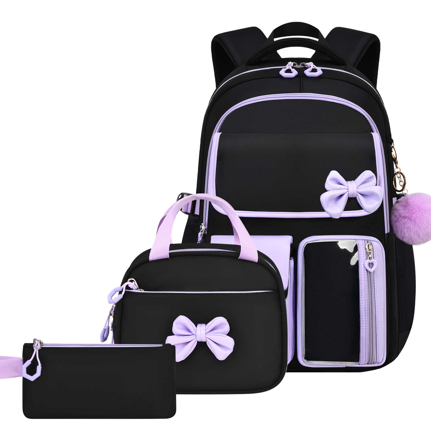 Amazon's Popular Large-Capacity Bow-Tie Three-Piece Backpack Set for Female Junior High School Students, High School Students, and College Students