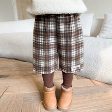 女童休闲中裤2025秋冬季新款洋气外穿宽松五分裤子格子保暖加绒裤
