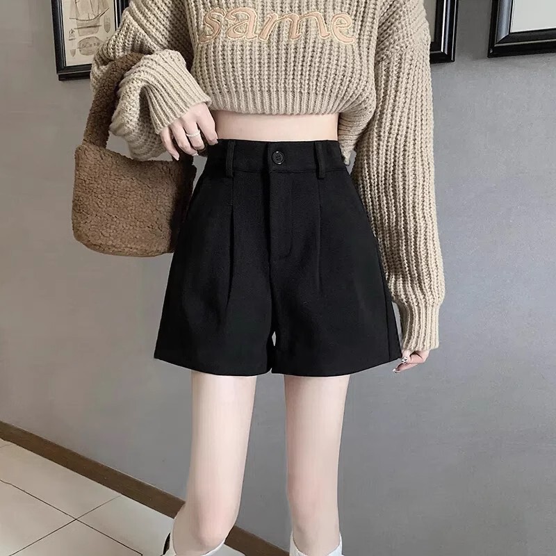 Black Zipper Gold Buckle Retro High-Waisted Woolen Shorts for Women in Autumn and Winter Loose Wide-Leg Woolen Boot Pants for Outer Wear