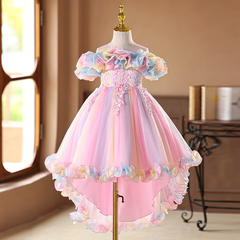 Vestido de niñas vestido de princesa de cola floral vestido de novia niños anfitriones de piano vestido de boda de verano