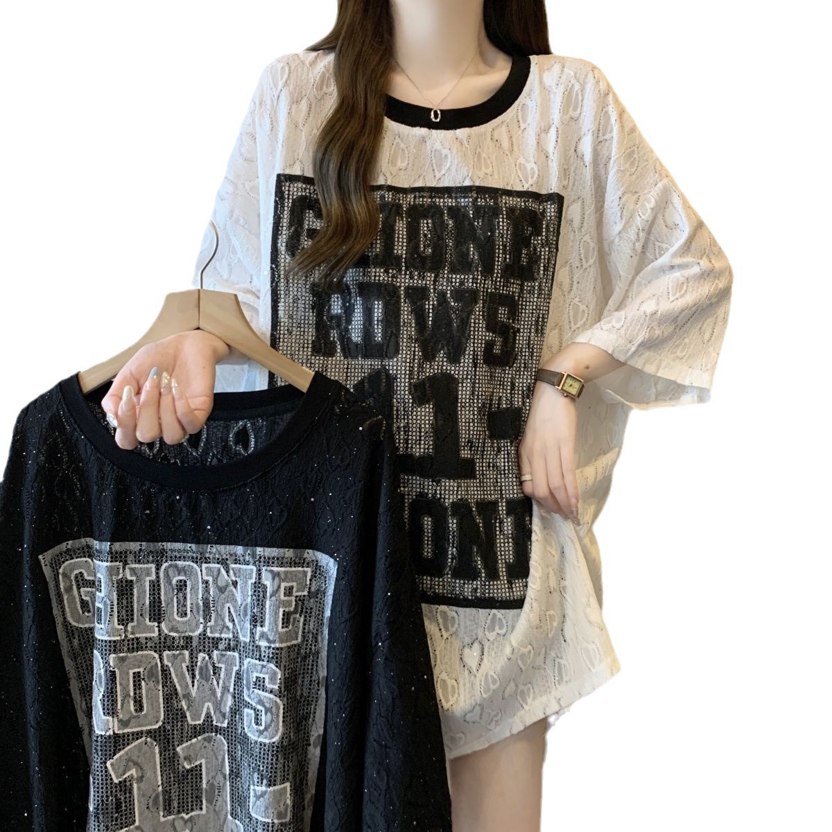Camiseta de manga corta de encaje gypsophila de gran tamaño para mujer 2024 verano nuevo estilo suelto y delgado mm top estampado para mujer ins