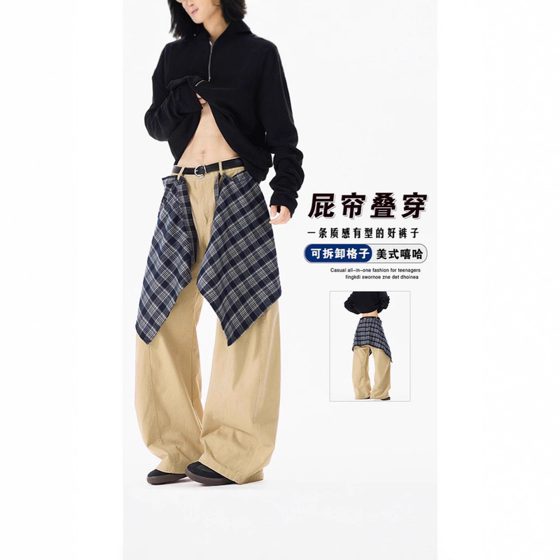 Loose Men's Couple Wide-Leg Pants with Layered Retro Autumn Style Casual Pants, Relaxed Curved Hem, Cleanfit American Style