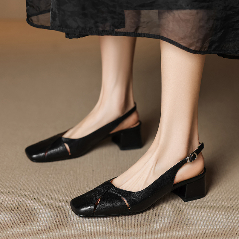Sandal nữ mũi vuông da cừu hở mũi gót vừa dày — đen