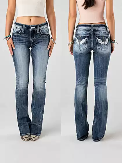 European and American TEMU Amazon new embroidered women's high waisted elastic heavy-duty washed denim pants for women