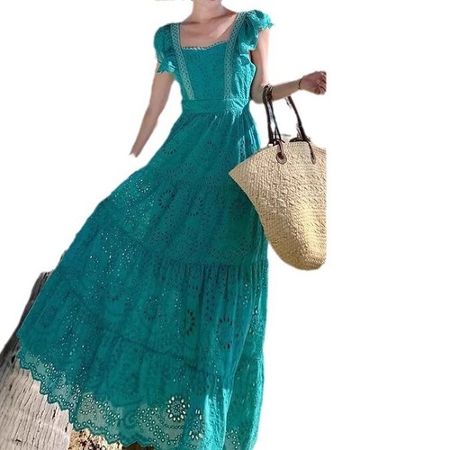 New Arrival Flared Sleeve Single-Breasted Embroidered Hollowed-Out Patchwork Maxi Dress