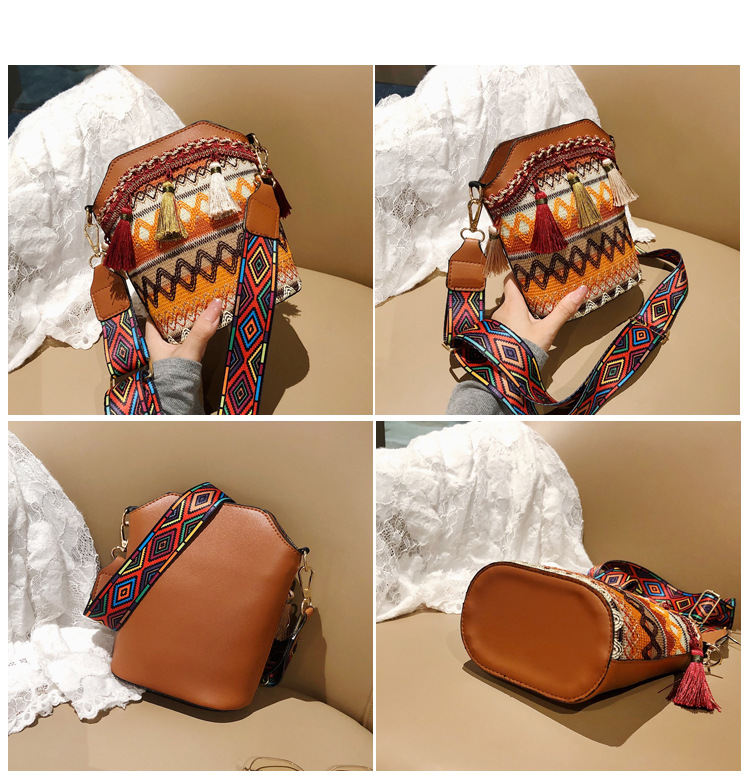 Women's Small All Seasons Pu Leather Nylon Stripe Ethnic Style Tassel Bucket Zipper Shoulder Bag display picture 1