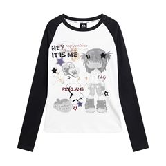 アメリカのレトロな色の肩の漫画の落書きの純綿の長袖のtシャツの女性の春秋y 2kの甘いギャルの底のシャツの上着