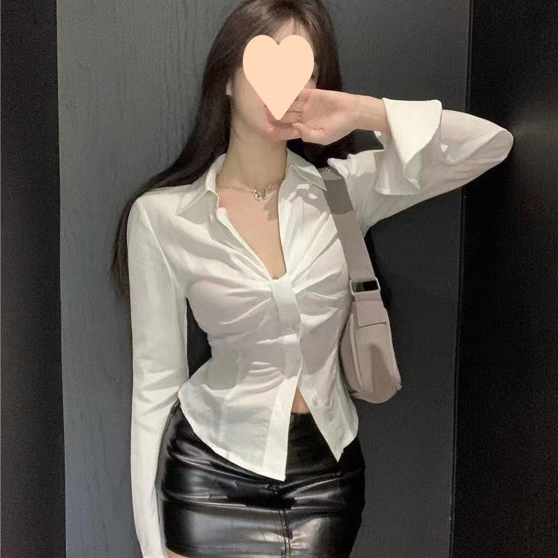 白色辣妹领扭结长袖衬衫女夏法式别致衬衣短款褶皱小众收腰上衣|undefined