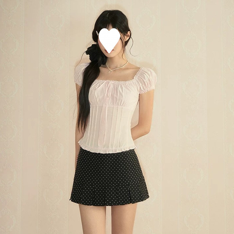 Popwest丨Hollow-Out Square-Neck Off-Shoulder Puff-Sleeve Blouse with Bow Lace Shirt for Women