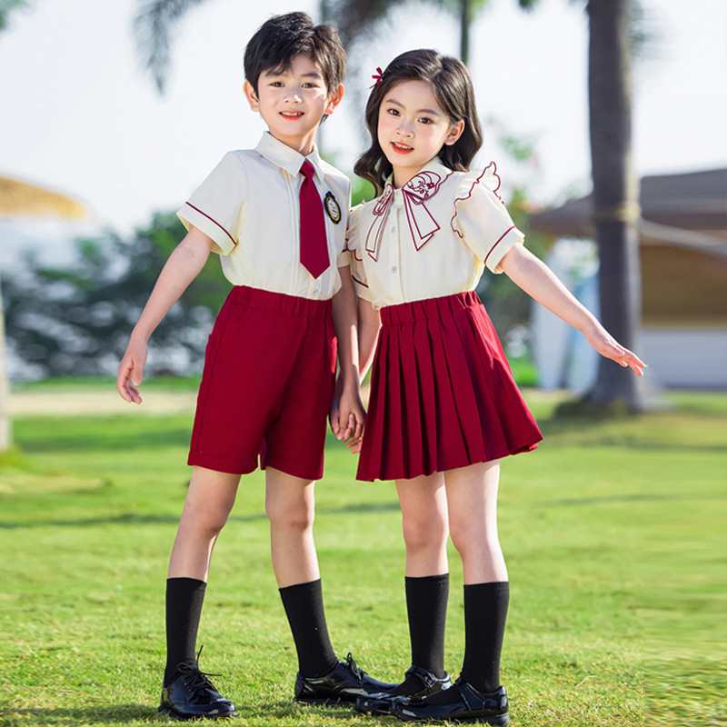 幼兒園園服夏季新款小學生校服兒童演出服一年級班服夏款酒紅套裝