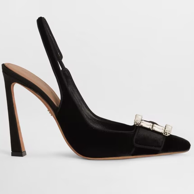 2025 New Style Black Suede Rhinestone Square Buckle Pointed Toe Strappy High Heels Sexy Fashion Sandals for Women