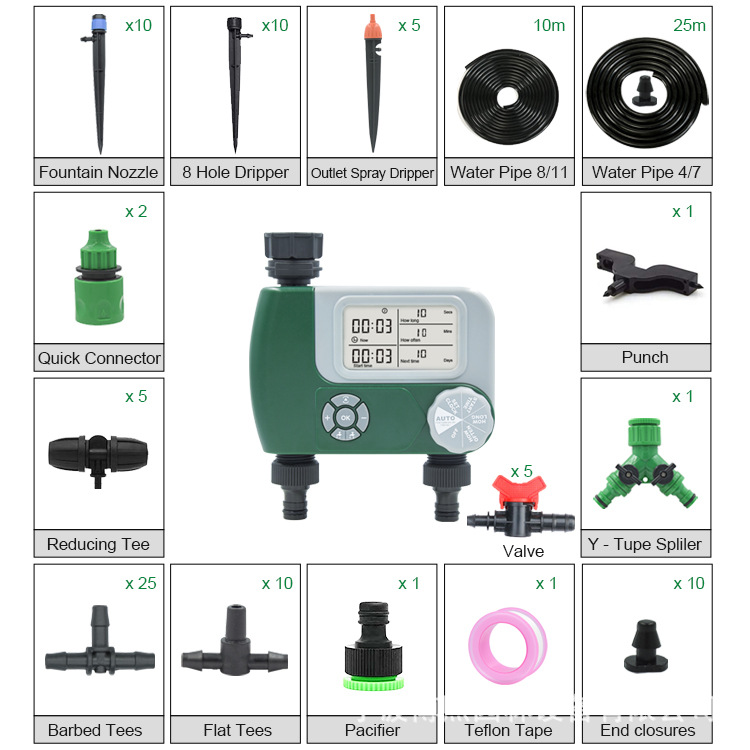 Automatic Garden Drip Irrigation Kit With Dual Outlet Timer_voghion.com