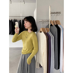 江左 奶皮打底 纯色木耳边长袖T恤女秋冬新款显瘦套头上衣女 7805