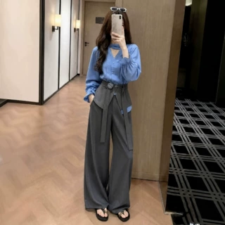 韩系巨好看穿搭一整套2026新款蓝色长袖衬衫女早初秋季阔腿裤套装
