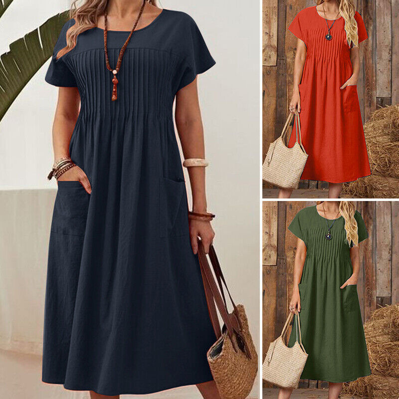 Cross-Border Foreign Trade Amazon European and American Clothing Long Skirt New Solid Color Round Neck Pocket Pleated Short-Sleeved Cotton and Linen Dress