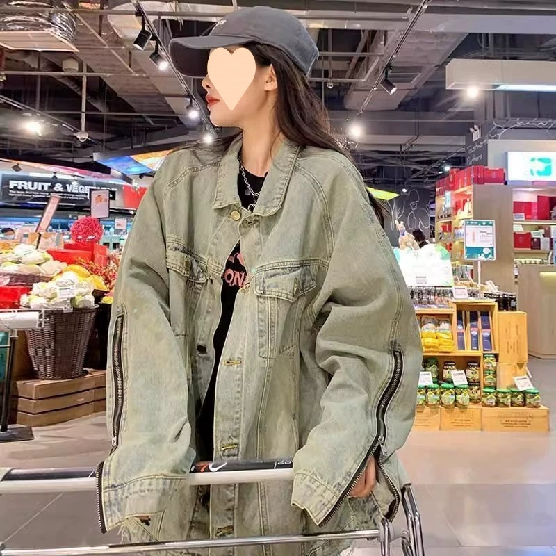 Retro denim autumn jacket for elementary school students, American style, plus size, oversize