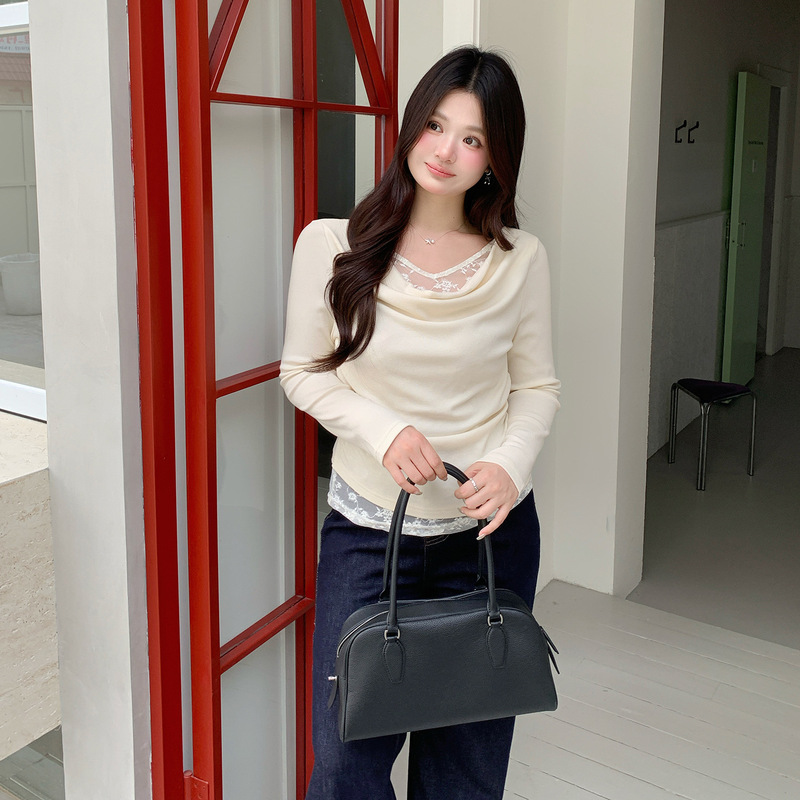 2026 Autumn New Pure Desire Style Lace Patchwork Faux Two-Piece Long Sleeve T-Shirt Plus Size Casual Base Shirt 325437 2026 Autumn New Pure Desire Style Lace Patchwork Faux Two-Piece Long Sleeve T-Shirt Plus Size Casual Base Shirt 325437