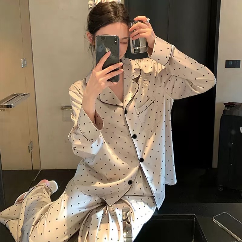 Korean Style Sweet Polka Dot Print Autumn Pajamas Women's Set Spring and Autumn New Satin Ice Silk Simple Loungewear