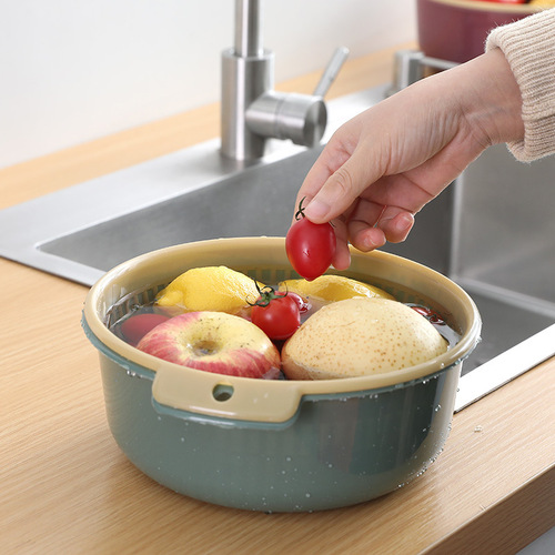 Double-layer drain basket for home kitchen vegetable washing and fruit basket multi-functional thickened plastic basin round storage basket