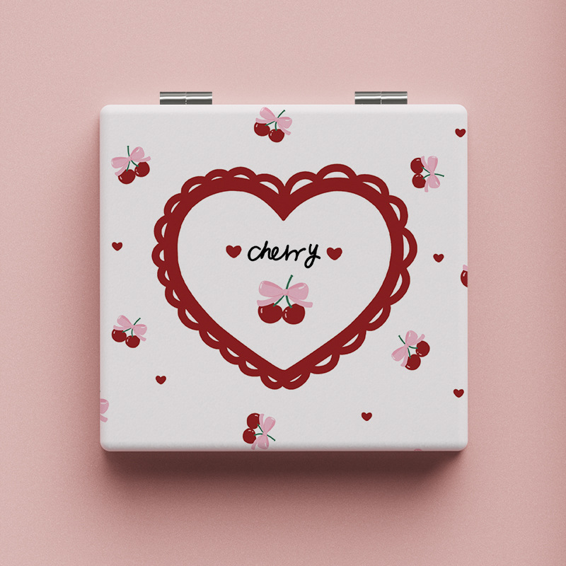63g Weight Mirror Makeup Tools Types 1 Piece Quantity Pu Leather Material Cartoon, Peach, Cherry Pattern Cute Style Cute Cartoon Peach Cherry Pu Leather Mirror 1 Piece 1